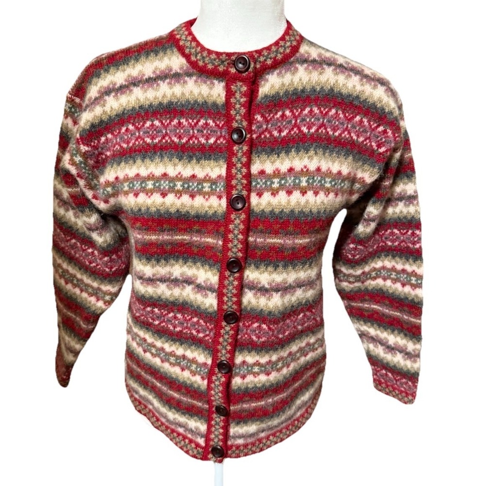 Vintage Crystal Kobe Shetland Wool Red Button Cardigan Sweater Large - Picture 4 of 5